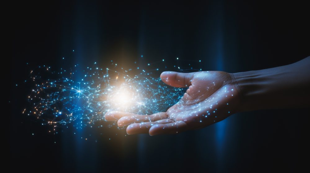 Hand and mesh network digital, communication technology concept, Generative ai.